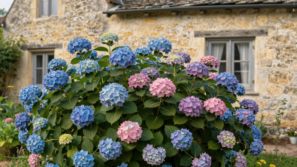Hortensias bleus et roses en pleine floraison le long d'un mur de pierre dans un jardin de campagne