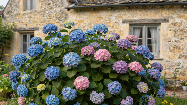 Hortensias bleus et roses en pleine floraison le long d'un mur de pierre dans un jardin de campagne