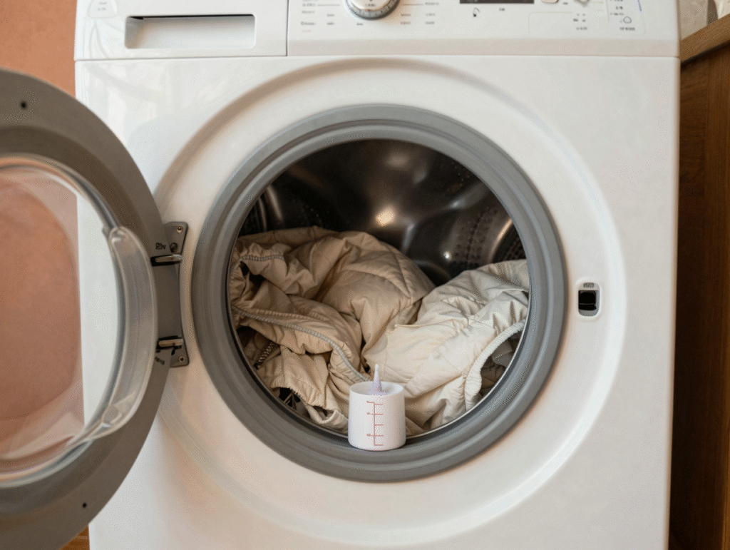 Doudoune seule dans le tambour d'un lave-linge, dose de lessive réduite à côté