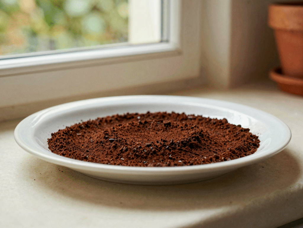 Marc de café séchant en couche fine sur une assiette près d'une fenêtre