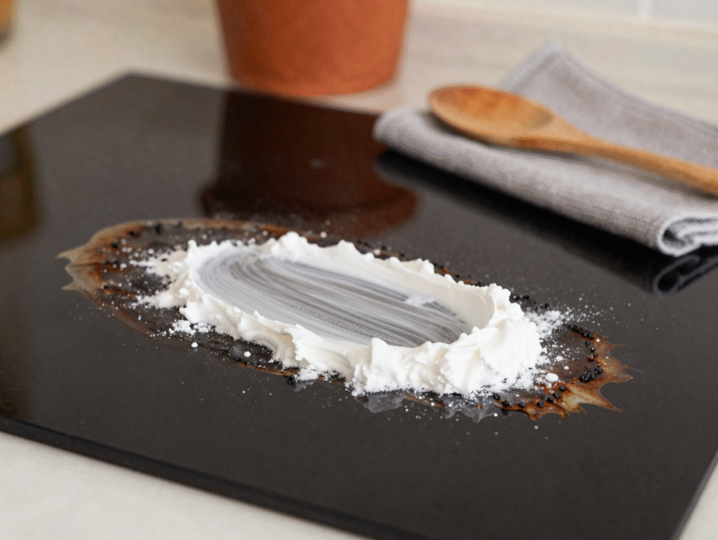 Pâte de bicarbonate posée sur une tache brûlée d'une plaque vitrocéramique