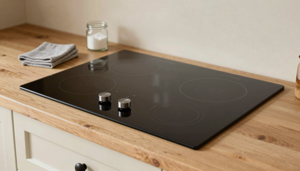 Plaque vitrocéramique noire impeccable dans une cuisine lumineuse, avec chiffon microfibre et bocal de bicarbonate