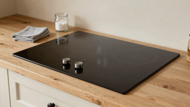 Plaque vitrocéramique noire impeccable dans une cuisine lumineuse, avec chiffon microfibre et bocal de bicarbonate