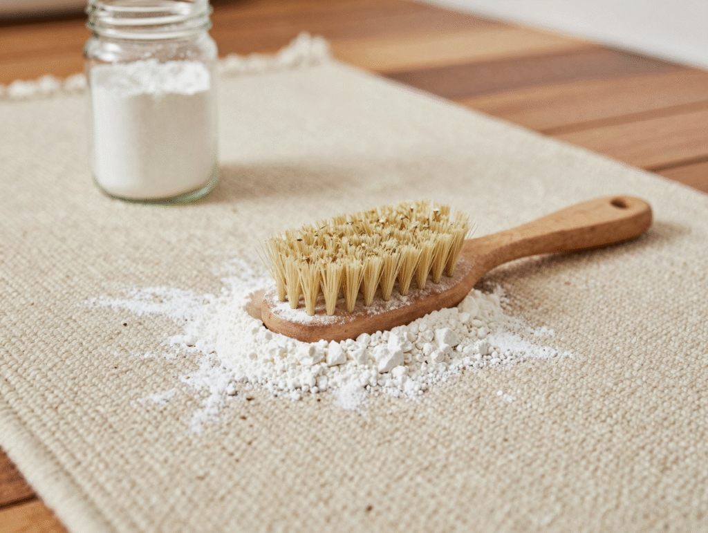 Bicarbonate de soude saupoudré sur un tapis de laine avec une brosse pour le faire pénétrer