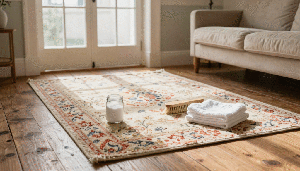Tapis de laine dans un salon avec bicarbonate de soude et brosse prêts pour un nettoyage à sec