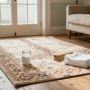 Tapis de laine dans un salon avec bicarbonate de soude et brosse prêts pour un nettoyage à sec
