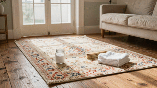 Tapis de laine dans un salon avec bicarbonate de soude et brosse prêts pour un nettoyage à sec