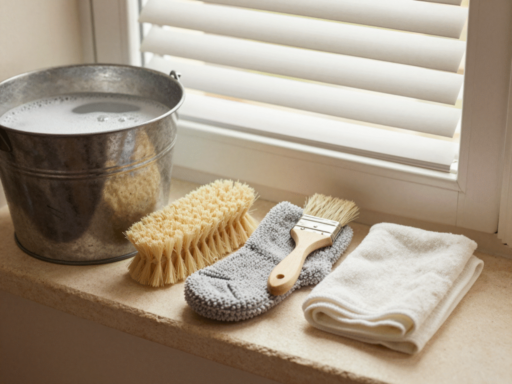 Matériel de nettoyage réuni sur un rebord de fenêtre : seau, brosse souple, chaussette microfibre et pinceau