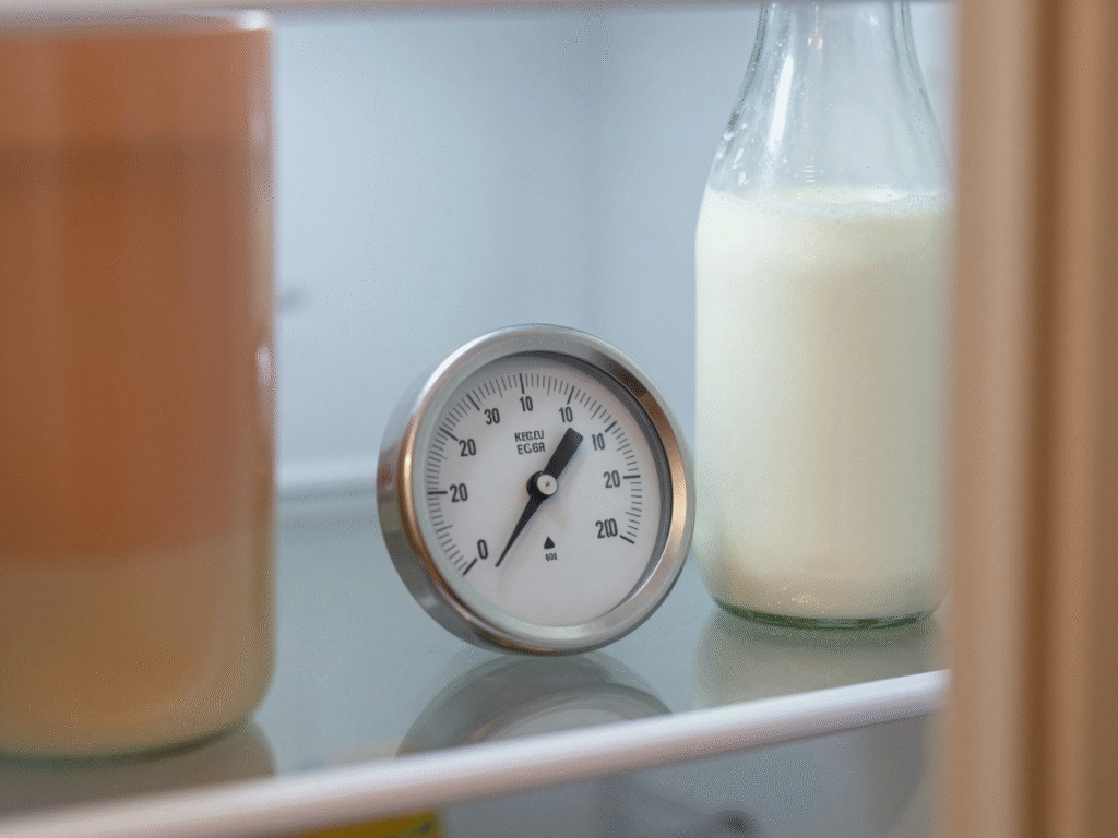 Thermomètre de réfrigérateur posé sur une clayette en verre