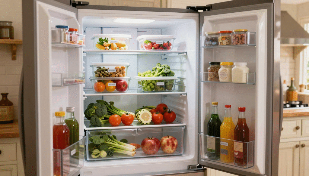 Intérieur d'un réfrigérateur rangé par zones, clayettes en verre et bacs organisés