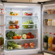 Intérieur d'un réfrigérateur rangé par zones, clayettes en verre et bacs organisés