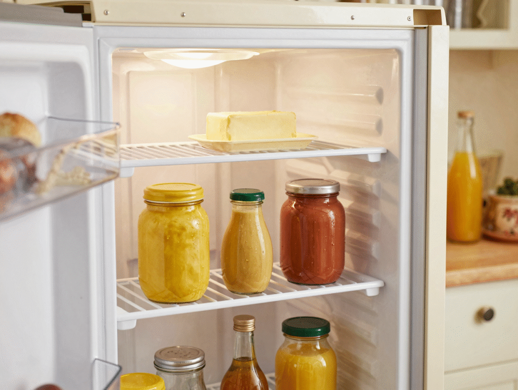 Balconnets de porte de réfrigérateur avec condiments et bouteilles