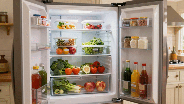 Intérieur d'un réfrigérateur rangé par zones, clayettes en verre et bacs organisés