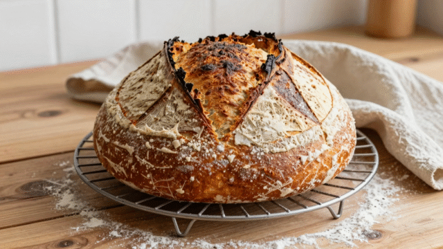 Pain de campagne rond à la croûte dorée et grignée, refroidissant sur une grille