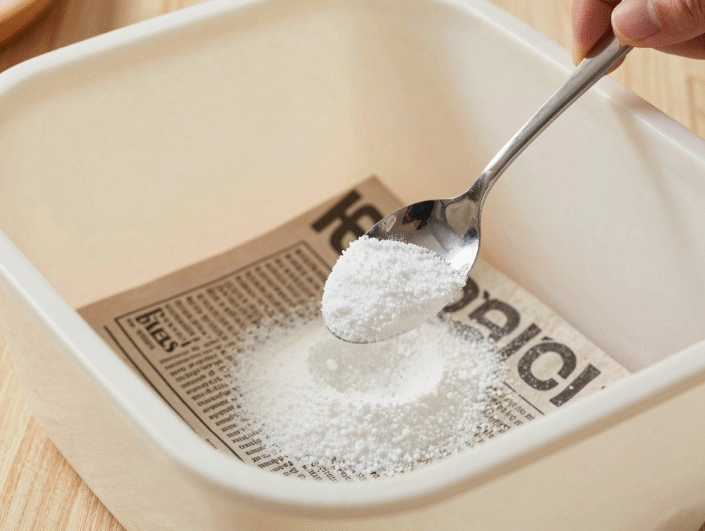Bicarbonate versé au fond d'une poubelle sur une feuille de journal
