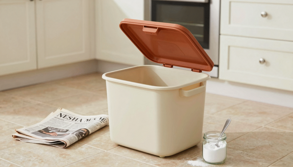 Poubelle de cuisine propre et ouverte avec bicarbonate et journal à côté