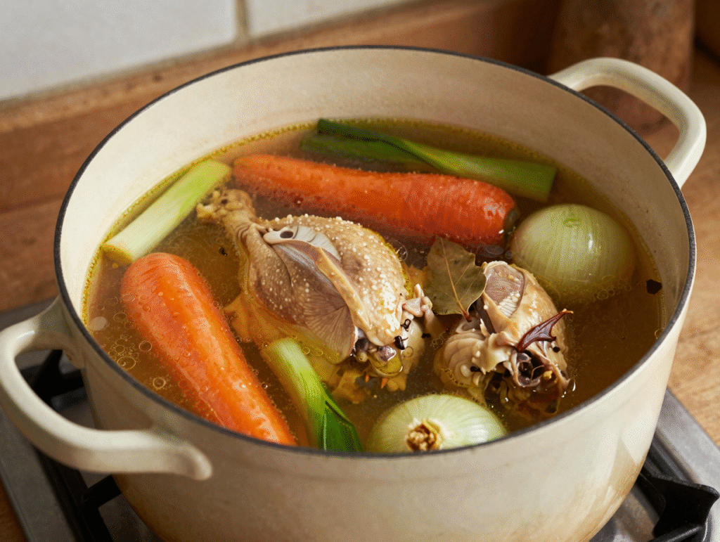 Bouillon de carcasse de poulet frémissant avec carotte, poireau et oignon piqué de girofle