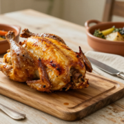 Poulet rôti doré sur une planche à découper en bois, prêt pour la découpe du dimanche