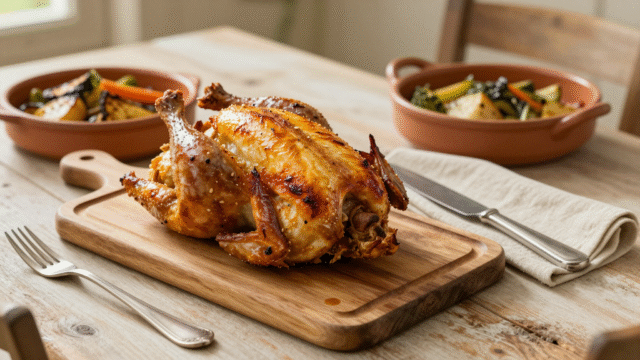 Poulet rôti doré sur une planche à découper en bois, prêt pour la découpe du dimanche