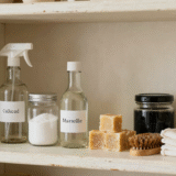 Étagère de produits ménagers faits maison avec vaporisateurs en verre, bicarbonate et savon de Marseille