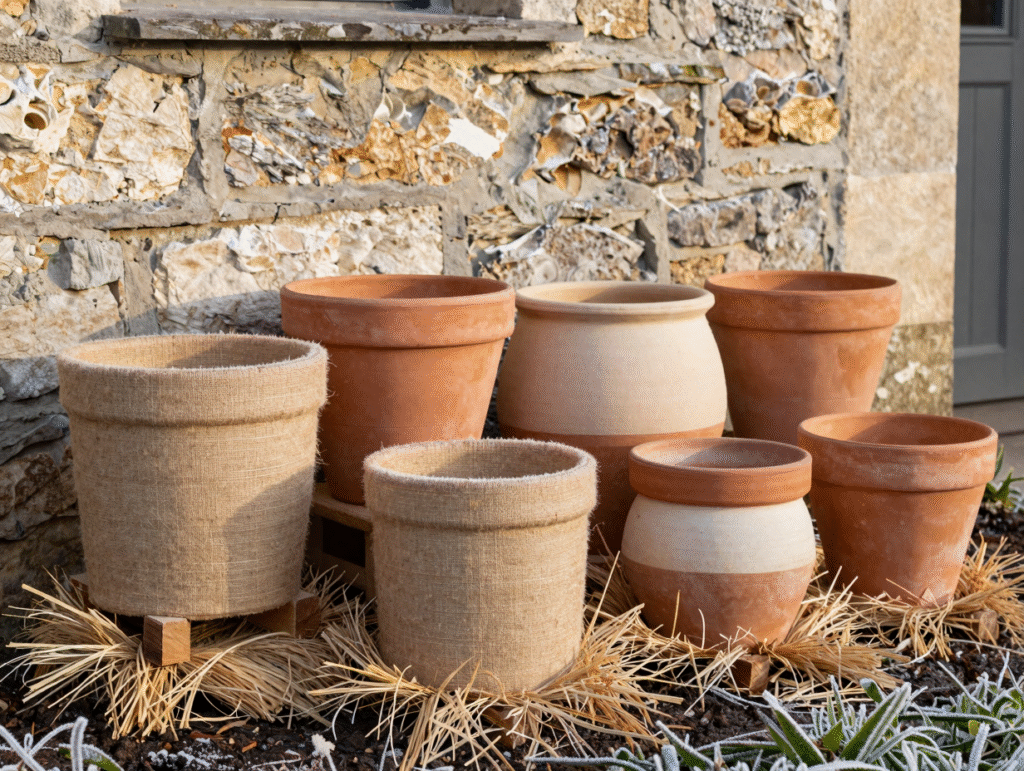 Pots groupés contre un mur, surélevés sur cales et emballés de toile de jute