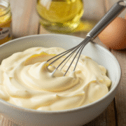 Mayonnaise maison bien prise dans un bol en céramique, entourée d'œufs, de moutarde et d'huile