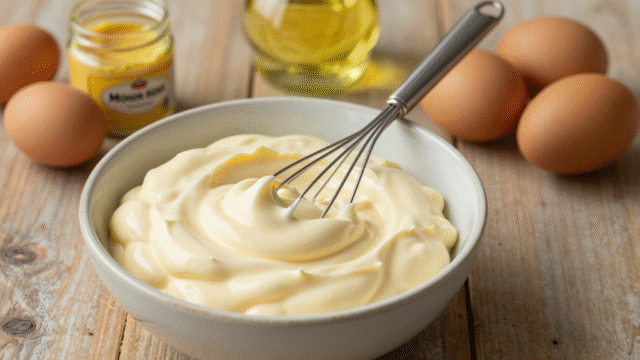 Mayonnaise maison bien prise dans un bol en céramique, entourée d'œufs, de moutarde et d'huile