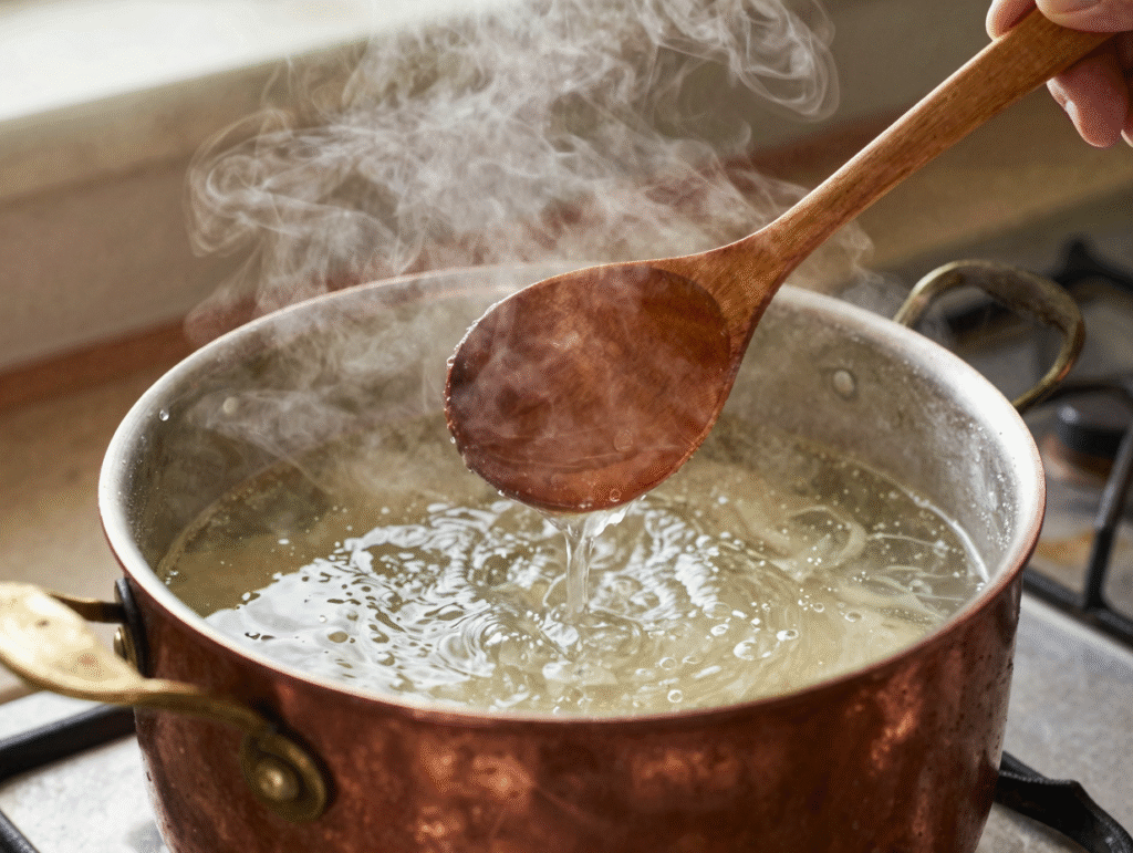 Eau chaude ajoutée à la louche dans une soupe pour diluer l'excès de sel