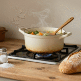 Marmite de soupe fumante dans une cuisine rustique avec salière renversée et pommes de terre