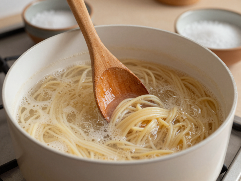 Spaghetti remués à la cuillère en bois dans une eau bouillante salée au gros sel