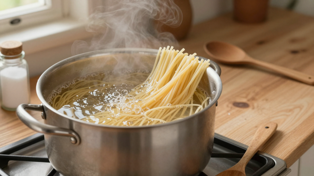 Spaghetti plongés en gerbe dans une grande marmite d'eau bouillante, pot de gros sel à côté