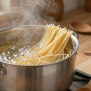 Spaghetti plongés en gerbe dans une grande marmite d'eau bouillante, pot de gros sel à côté
