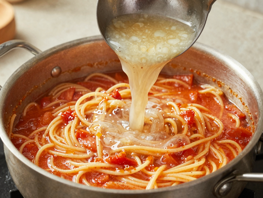 Louche d'eau de cuisson versée dans la sauce tomate où finissent de cuire les spaghetti