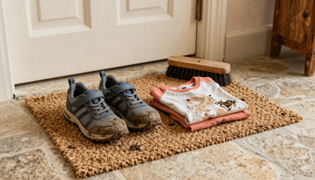 Baskets et vêtements couverts de boue posés sur un paillasson avec une brosse