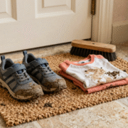 Baskets et vêtements couverts de boue posés sur un paillasson avec une brosse