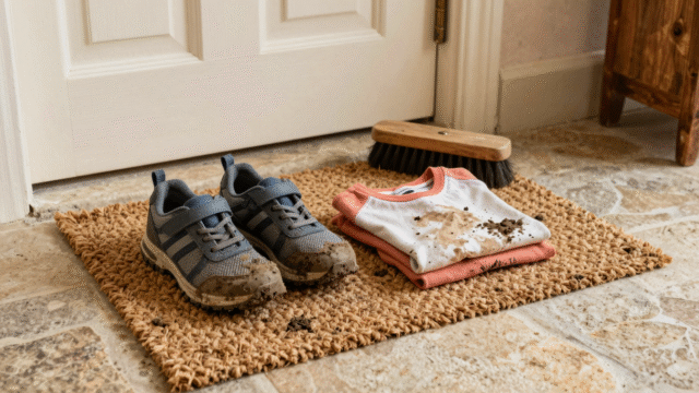 Baskets et vêtements couverts de boue posés sur un paillasson avec une brosse