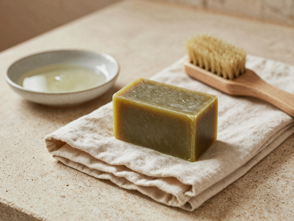 Cube de savon de Marseille posé sur une chemise en lin avec une brosse à taches