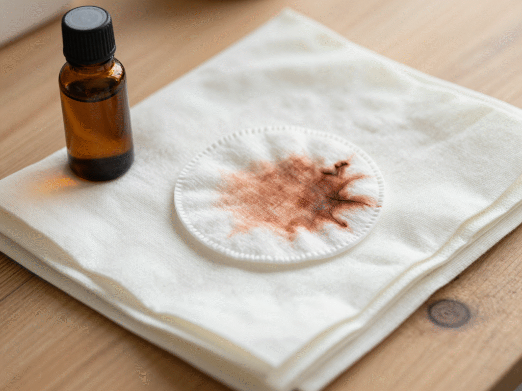 Coton imbibé d'alcool tamponnant une tache d'encre, le tissu posé sur du papier absorbant plié