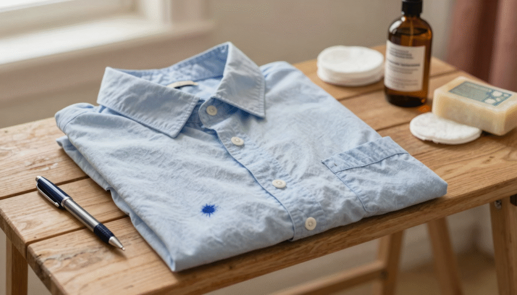 Chemise en coton clair tachée d'encre de stylo-bille, posée près d'un flacon d'alcool, de cotons et d'un savon de Marseille