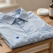 Chemise en coton clair tachée d'encre de stylo-bille, posée près d'un flacon d'alcool, de cotons et d'un savon de Marseille