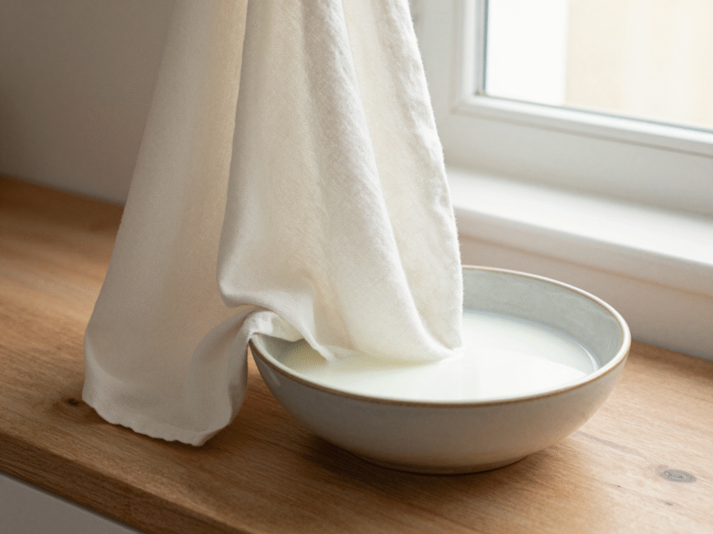 Coin de tissu blanc taché trempant dans un bol de lait froid sur un plan de travail