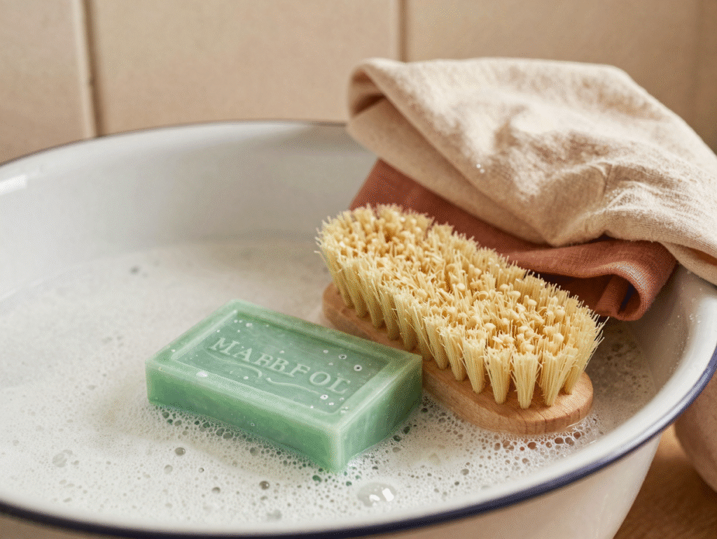 Savon de Marseille, brosse douce et vêtement plié à côté d'une bassine d'eau savonneuse