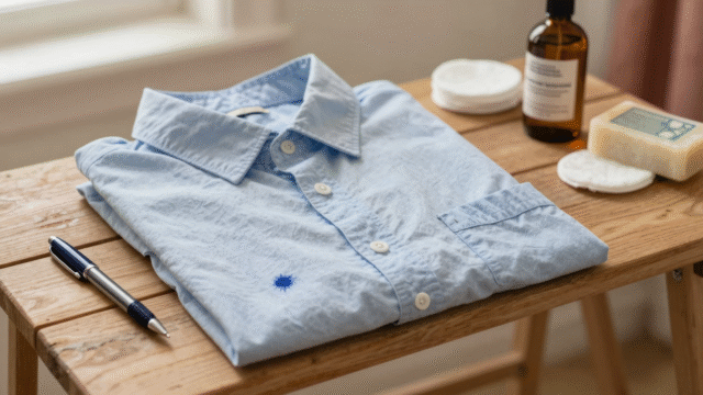 Chemise en coton clair tachée d'encre de stylo-bille, posée près d'un flacon d'alcool, de cotons et d'un savon de Marseille