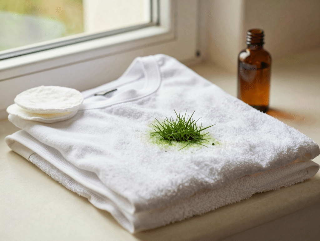 Chemise blanche tachée d'herbe posée sur une serviette pliée, prête à être tamponnée
