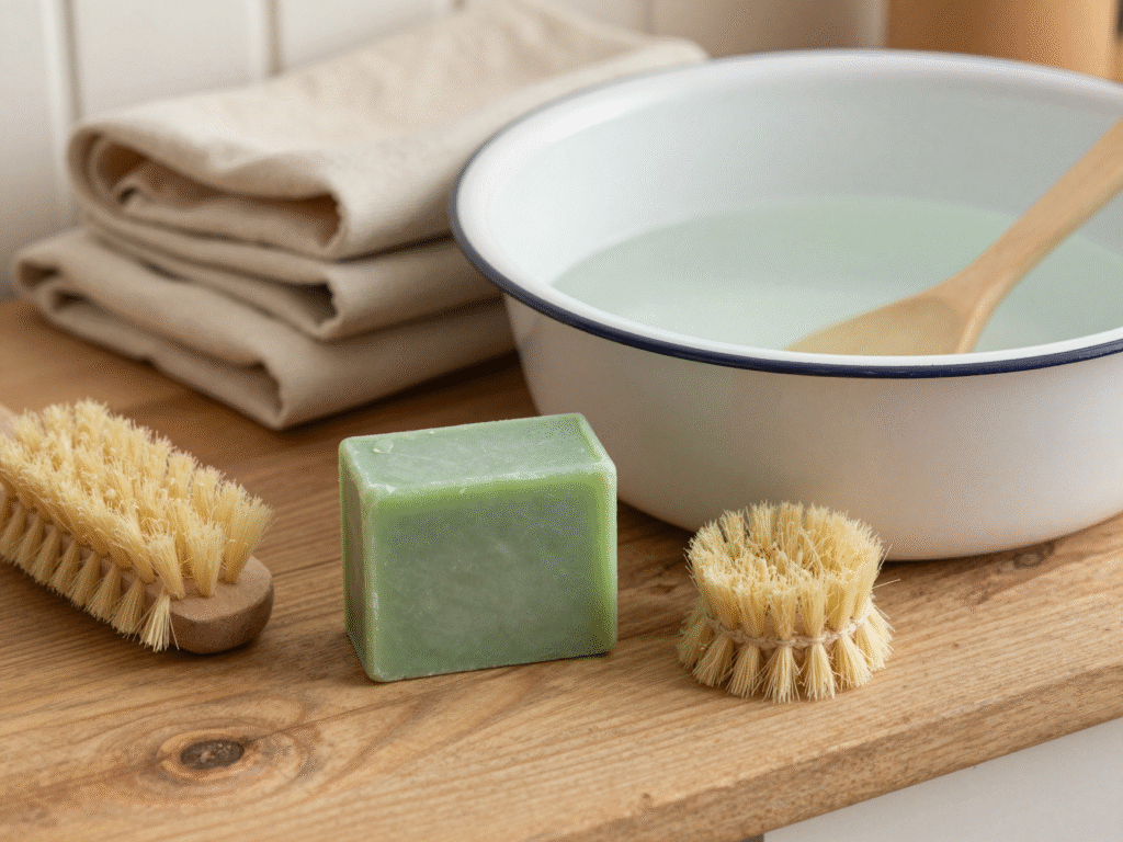 Savon de Marseille, bassine d'eau et brosse douce pour le traitement des taches