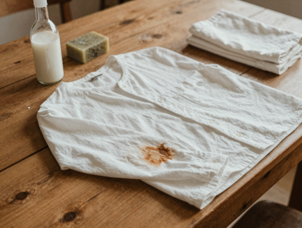 Chemise blanche tachée de thé à côté du vinaigre blanc et du savon de Marseille