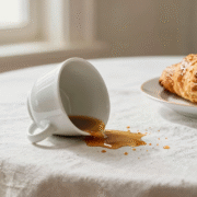 Tasse de café renversée laissant une tache brune sur une nappe en lin blanc