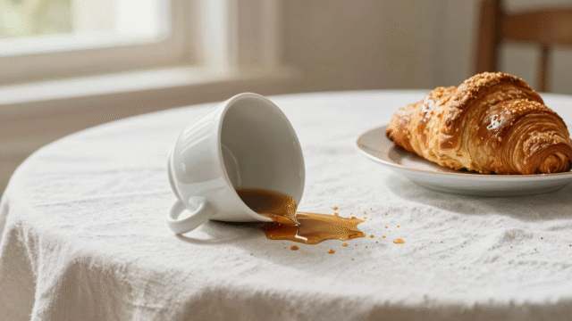 Tasse de café renversée laissant une tache brune sur une nappe en lin blanc