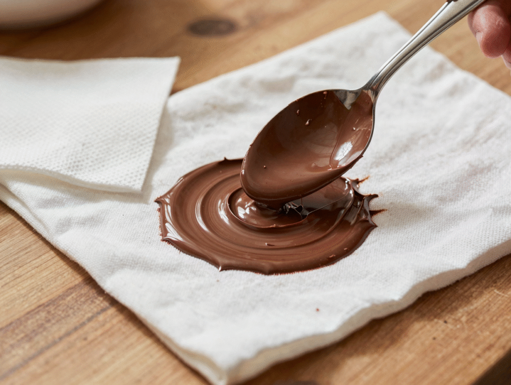 Excédent de chocolat soulevé au dos d'une cuillère sur un tissu blanc, sans étaler la tache