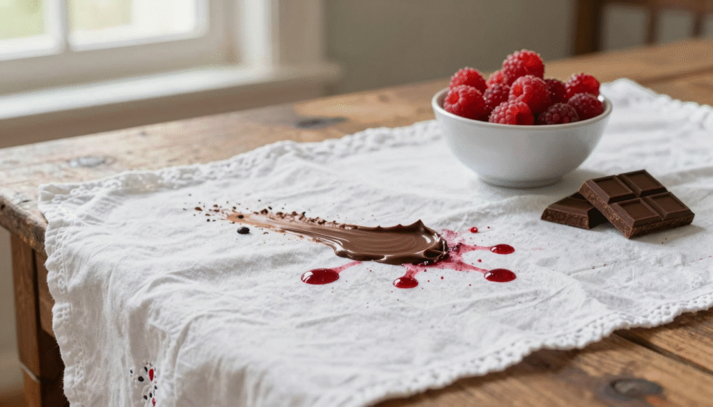 Nappe blanche tachée de chocolat fondu et de jus de fruits rouges après un goûter